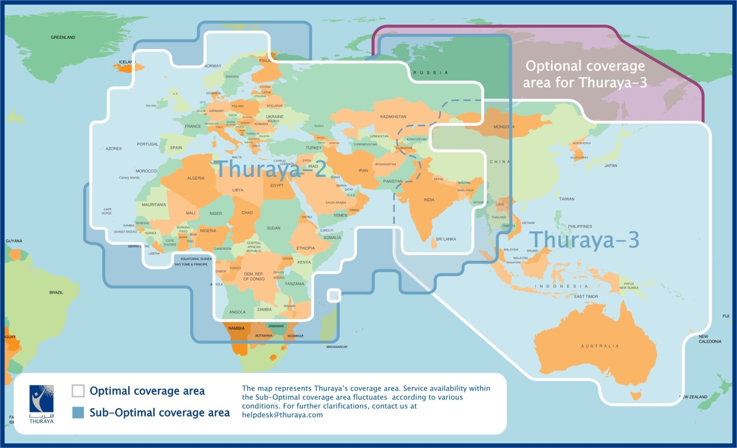 Карта зоны покрытия спутниковой сети Thuraya (Thuraya-2 и Thuraya-3)